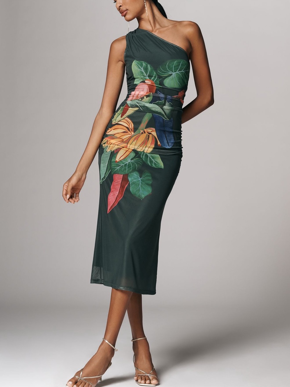 Anthropologie Dark Green One-Shoulder Tropical Midi Dress